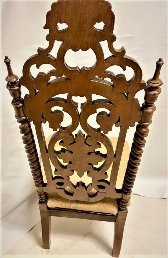 Late 19th Century Carved Rosewood Renaissance Revival Chair With Hair-On Cowhide Seat Upholstery - Thumbnail 5