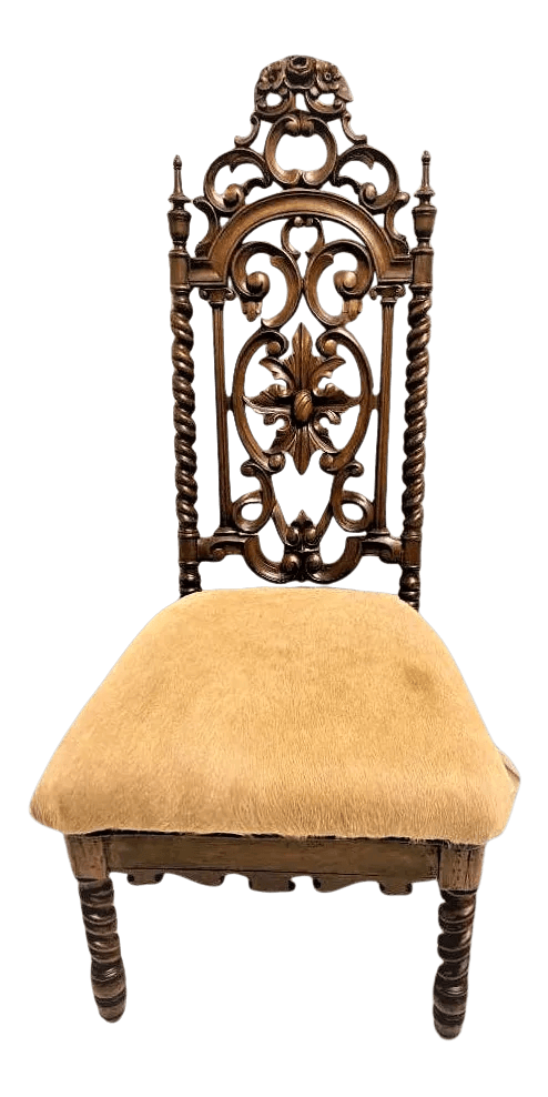 Late 19th Century Carved Rosewood Renaissance Revival Chair With Hair-On Cowhide Seat Upholstery - Thumbnail 11