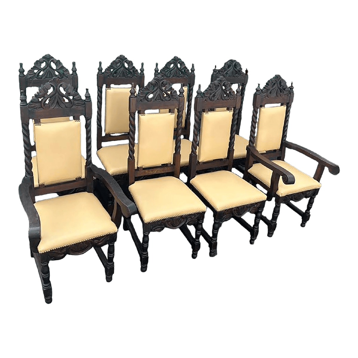 Set of 8 Spanish Colonial Style Chairs With New Leather Upholstery - Made in Mexico - Vintage Mid 20th Century - Thumbnail 2