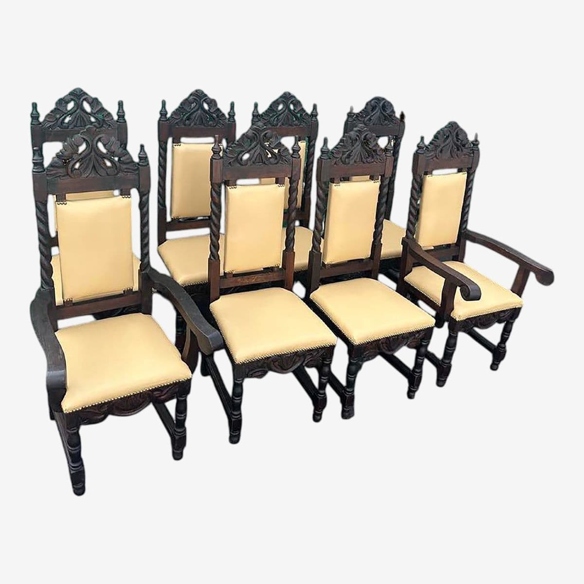 Set of 8 Spanish Colonial Style Chairs With New Leather Upholstery - Made in Mexico - Vintage Mid 20th Century - Image 1