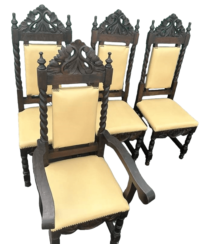 Set of 8 Spanish Colonial Style Chairs With New Leather Upholstery - Made in Mexico - Vintage Mid 20th Century - Thumbnail 5