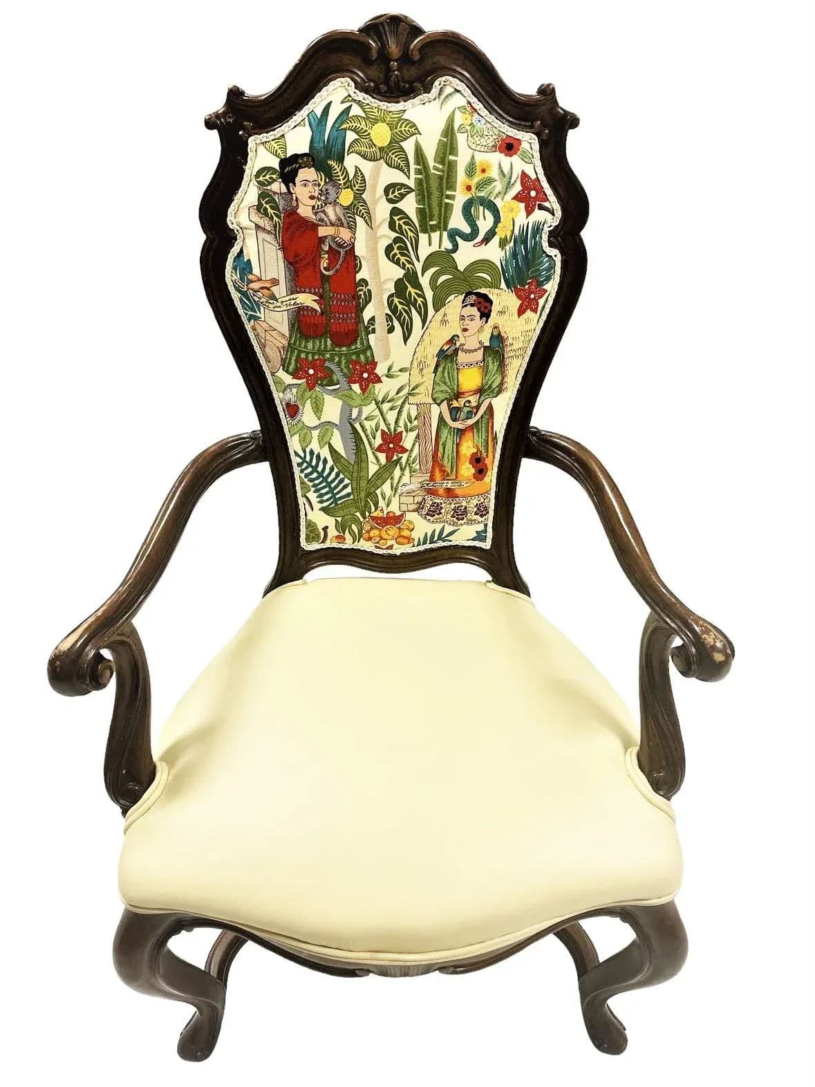 Pair of Vintage Karges Fauteuils With New Leather and 'Frida's Garden' Chintz Upholstery - Thumbnail 3