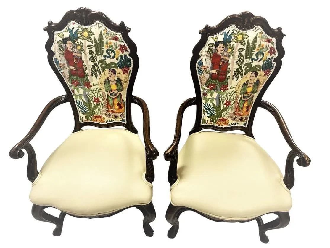 Pair of Vintage Karges Fauteuils With New Leather and 'Frida's Garden' Chintz Upholstery - Thumbnail 13