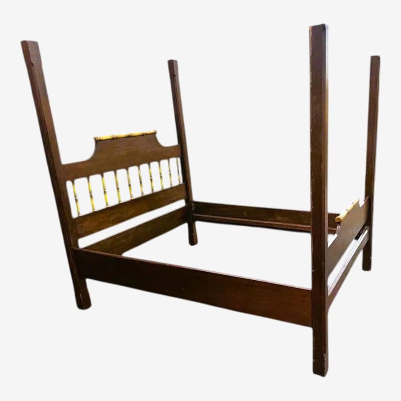 Chinoiserie Solid Teak and Faux Bamboo Queen Size Bedframe - Circa 1940 - Image 1