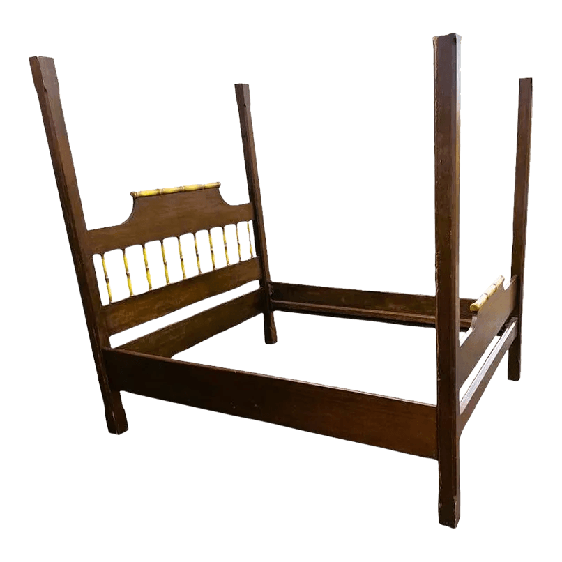 Chinoiserie Solid Teak and Faux Bamboo Queen Size Bedframe - Circa 1940 - Thumbnail 2