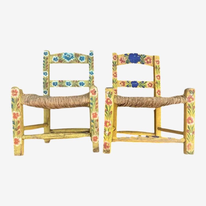Vintage Mexican Doll's Chairs - Hand Painted With Rush Seats - Mid 20th Century - Image 1