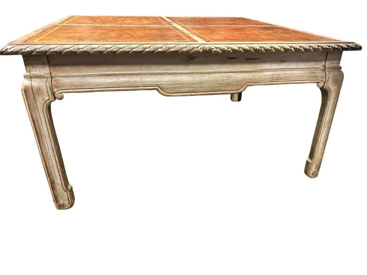 Baker Furniture Company Tooled Leather and Cerused Oak Cocktail Table - Rare Find From the 1940s - Thumbnail 4