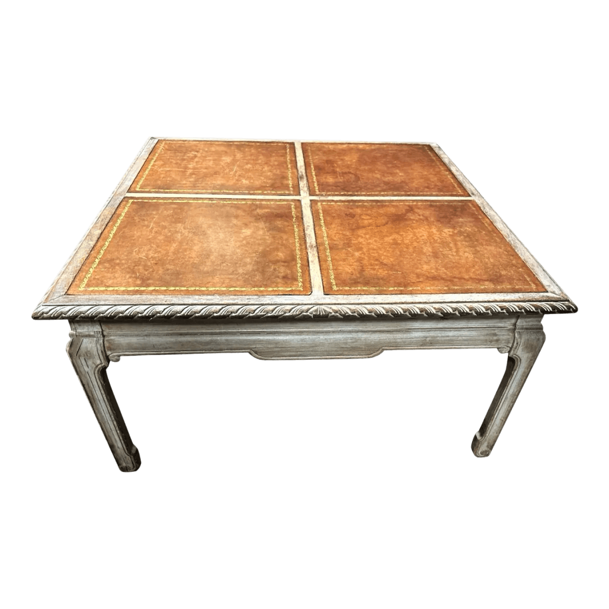 Baker Furniture Company Tooled Leather and Cerused Oak Cocktail Table - Rare Find From the 1940s - Thumbnail 2