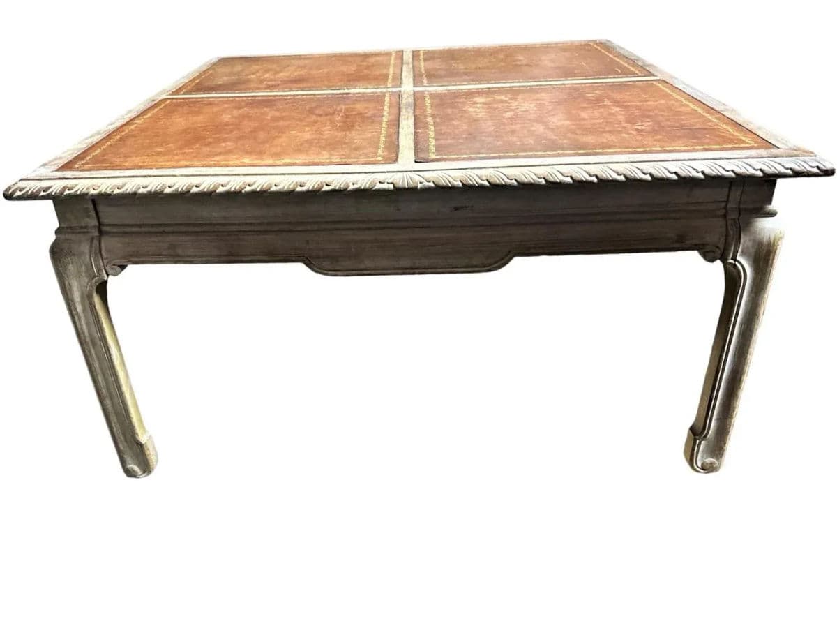 Baker Furniture Company Tooled Leather and Cerused Oak Cocktail Table - Rare Find From the 1940s - Thumbnail 9