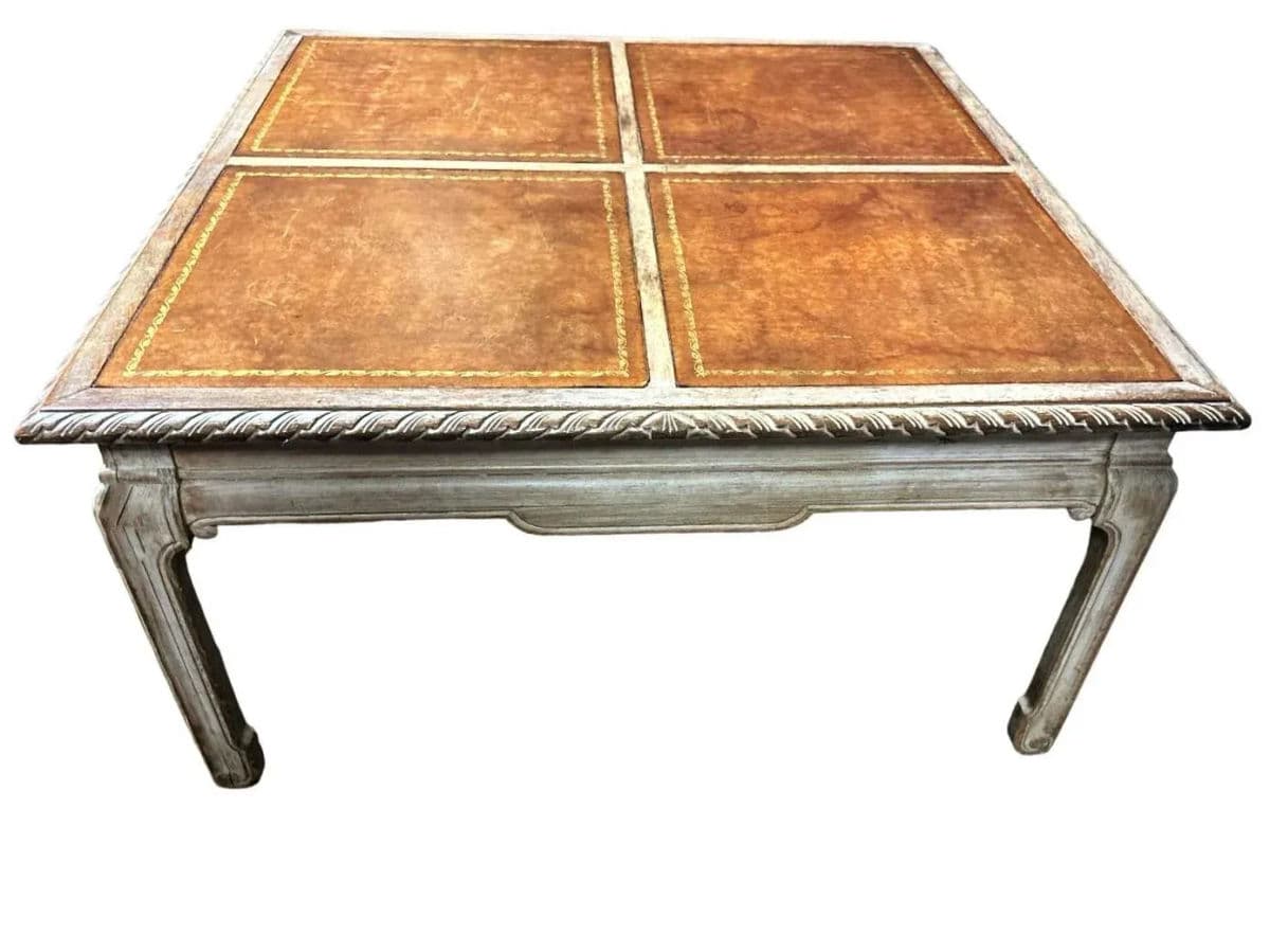 Baker Furniture Company Tooled Leather and Cerused Oak Cocktail Table - Rare Find From the 1940s - Thumbnail 10