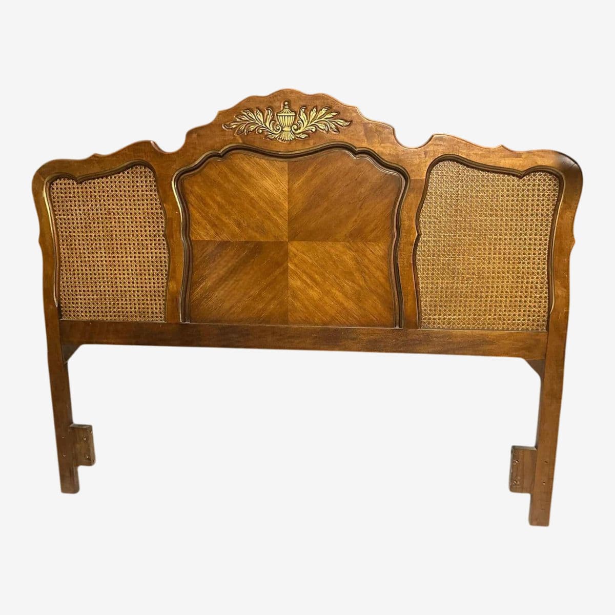 Queen Size French Provincial Louis XV Style Walnut, Burlwood and Caning Headboard - Vintage 1960s - Image 1