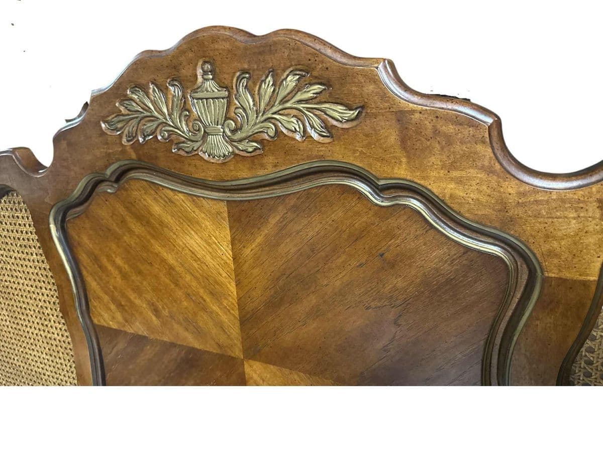 Queen Size French Provincial Louis XV Style Walnut, Burlwood and Caning Headboard - Vintage 1960s - Thumbnail 4