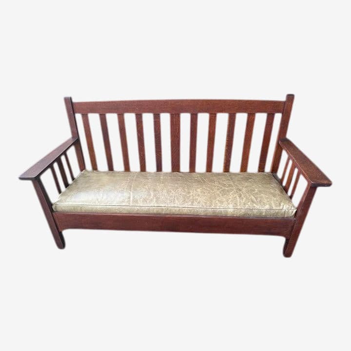 Antique Stickley Brothers Grand Rapids Mission Oak Settee With New Pullup Leather Seat Upholstery - Circa 1900 - Image 1