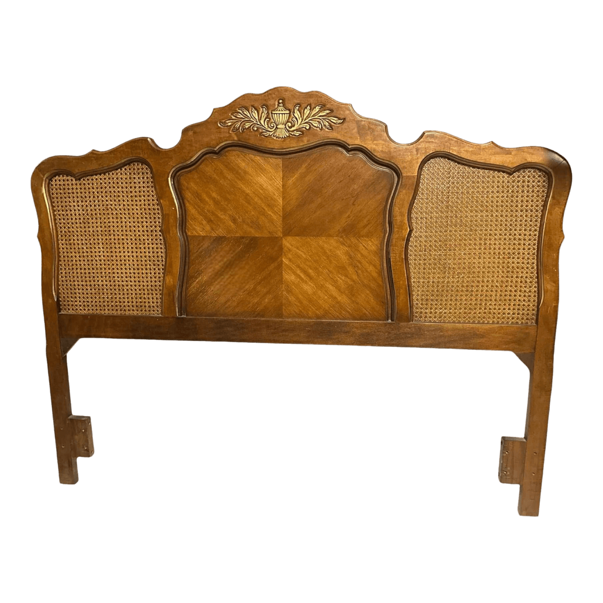 Queen Size French Provincial Louis XV Style Walnut, Burlwood and Caning Headboard - Vintage 1960s - Thumbnail 2