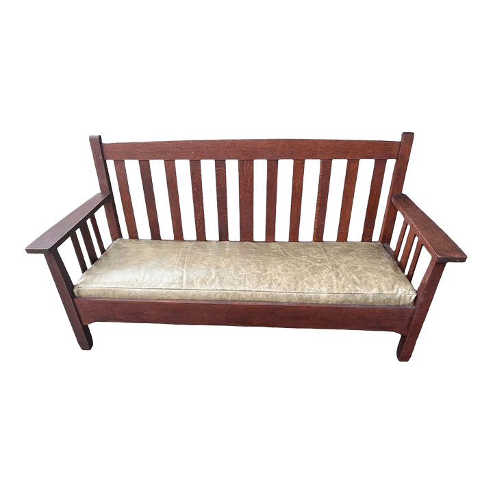 Antique Stickley Brothers Grand Rapids Mission Oak Settee With New Pullup Leather Seat Upholstery - Circa 1900 - Thumbnail 2