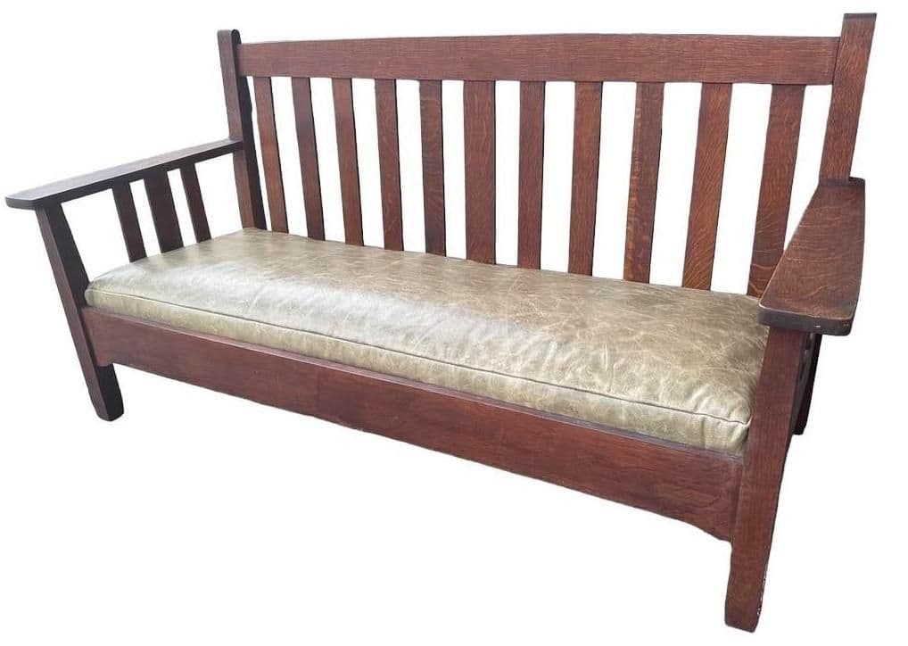 Antique Stickley Brothers Grand Rapids Mission Oak Settee With New Pullup Leather Seat Upholstery - Circa 1900 - Thumbnail 3