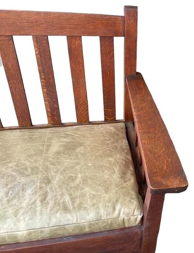 Antique Stickley Brothers Grand Rapids Mission Oak Settee With New Pullup Leather Seat Upholstery - Circa 1900 - Thumbnail 5