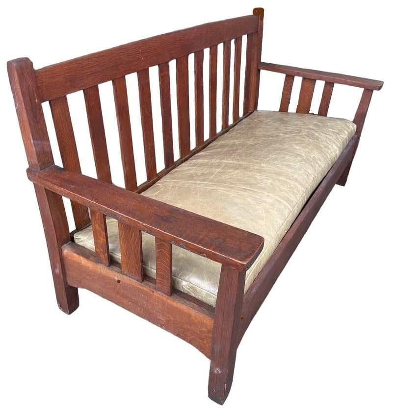 Antique Stickley Brothers Grand Rapids Mission Oak Settee With New Pullup Leather Seat Upholstery - Circa 1900 - Thumbnail 6