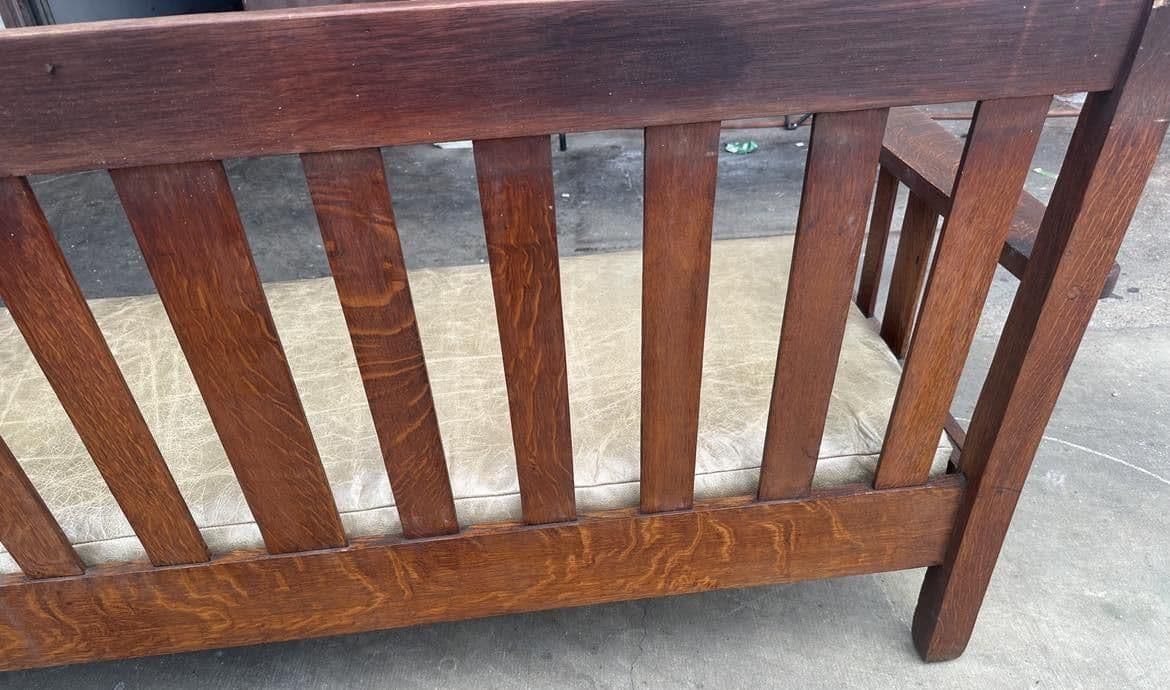 Antique Stickley Brothers Grand Rapids Mission Oak Settee With New Pullup Leather Seat Upholstery - Circa 1900 - Thumbnail 7