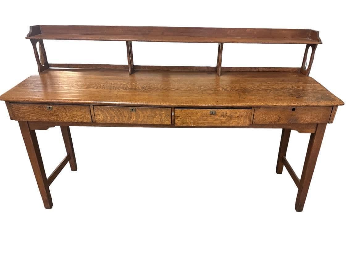 Monumental Antique Arts and Crafts Quarter Sawn Oak Railroad Ticket Counter 8 Feet Wide and 5 Feet Tall - Circa 1900 - Thumbnail 9