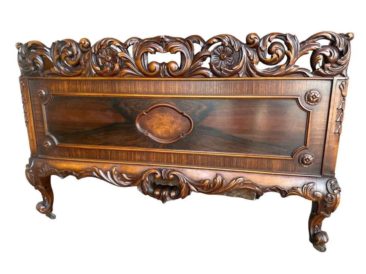 Antique Rococo Heavily Carved Burlwood and Walnut Bed Attributed to Kindel Grand Rapids - Twin Size - Circa 1910 - Thumbnail 5