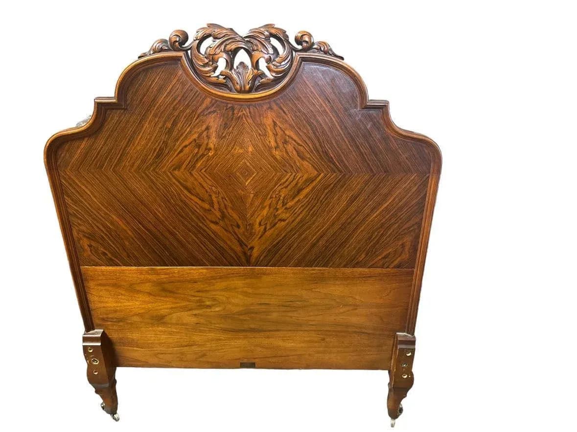 Antique Rococo Heavily Carved Burlwood and Walnut Bed Attributed to Kindel Grand Rapids - Twin Size - Circa 1910 - Thumbnail 3