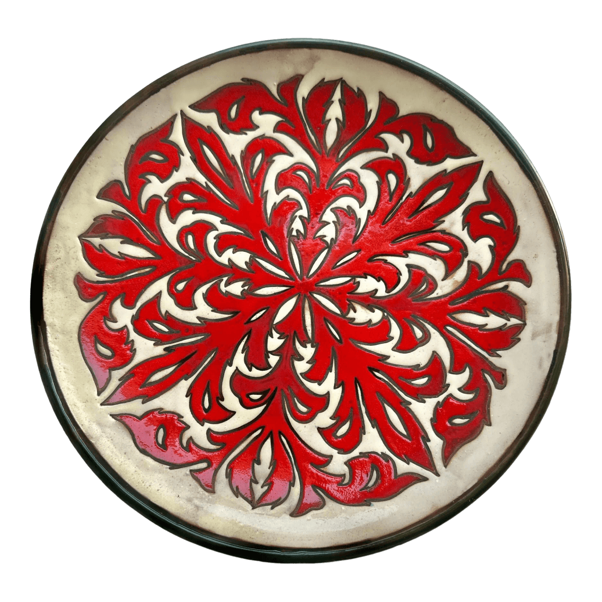 Crimson Acanthus Design Spanish 13.75” Ceramic Plate — Mid 20th Century - Thumbnail 2