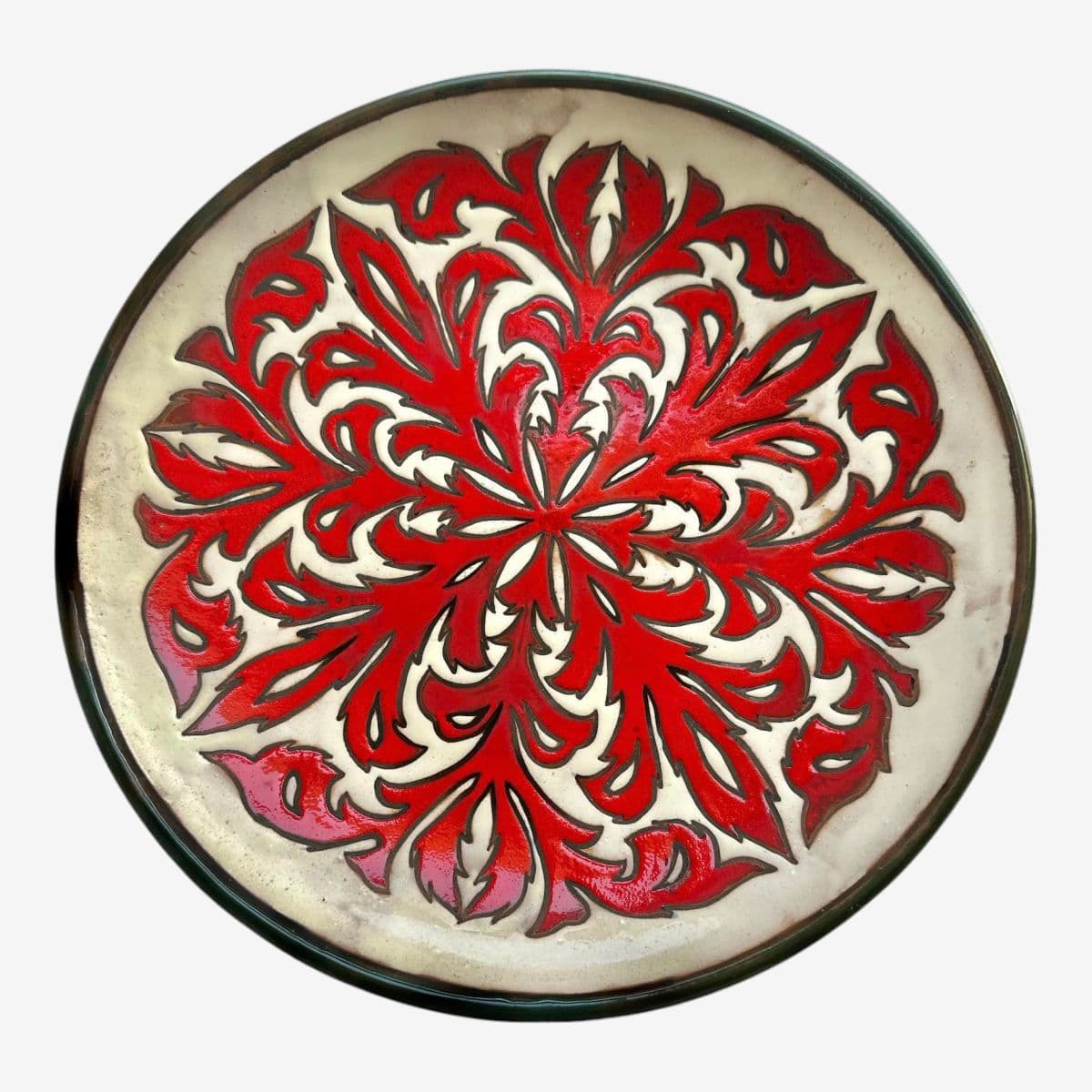 Crimson Acanthus Design Spanish 13.75” Ceramic Plate — Mid 20th Century - Image 1