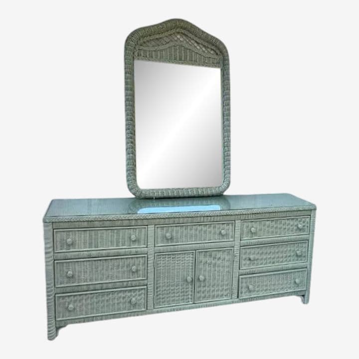 Henry Link Lexington Coastal Wicker Dresser and Mirror Set Circa 1980s - Newly Painted in Sage - Image 1
