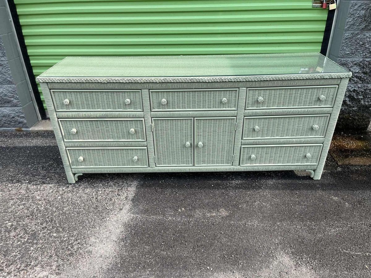 Henry Link Lexington Coastal Wicker Dresser and Mirror Set Circa 1980s - Newly Painted in Sage - Thumbnail 5