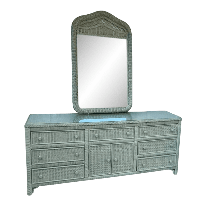 Henry Link Lexington Coastal Wicker Dresser and Mirror Set Circa 1980s - Newly Painted in Sage - Thumbnail 2