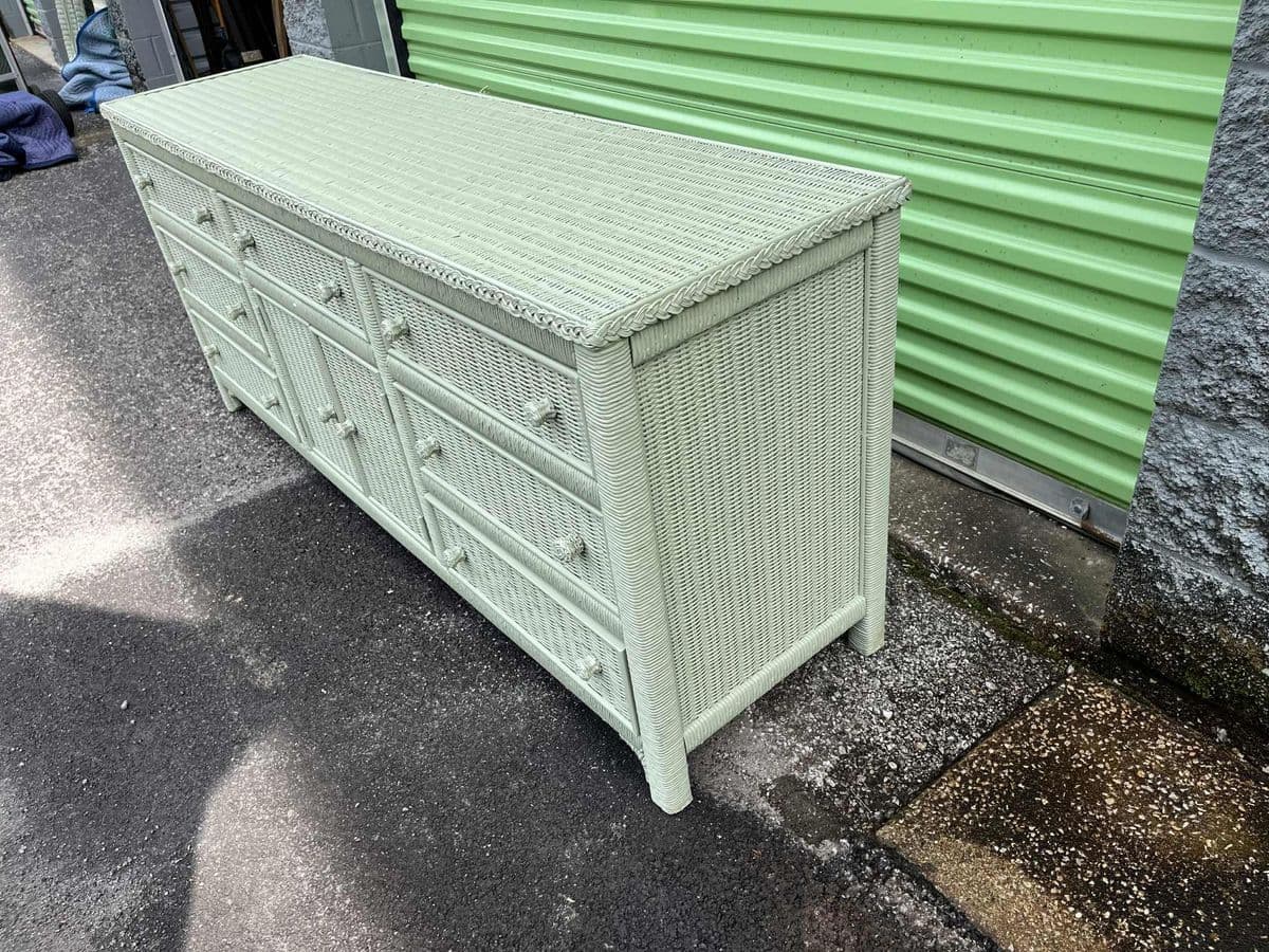 Henry Link Lexington Coastal Wicker Dresser and Mirror Set Circa 1980s - Newly Painted in Sage - Thumbnail 4