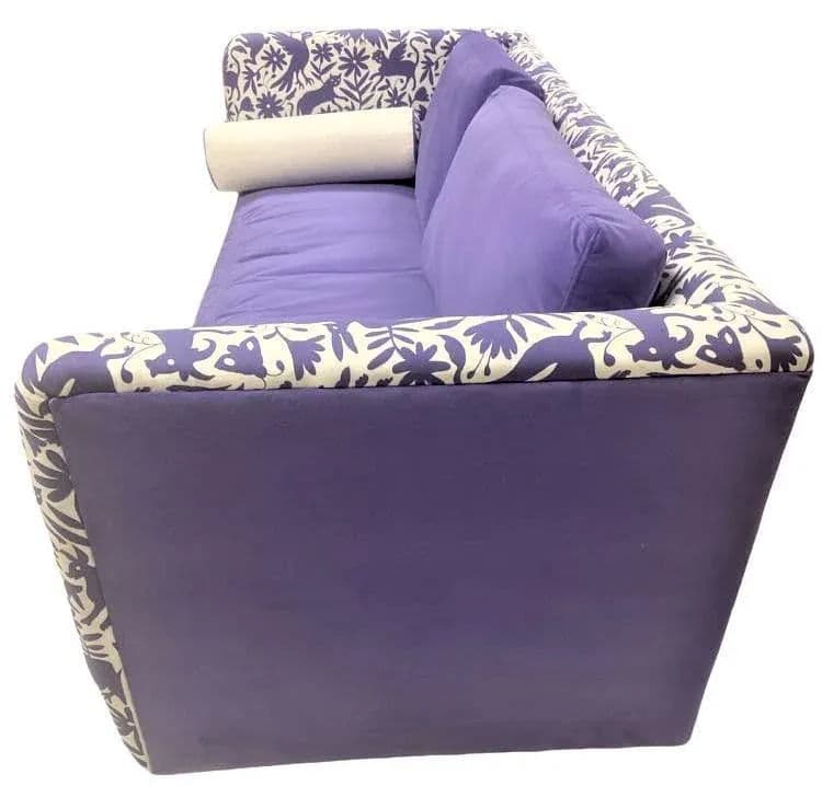 Otomi Print and Velvet Upholstery on Large Mid 20th Century Vintage Hollywood Regency Tuxedo Sofa - Thumbnail 3