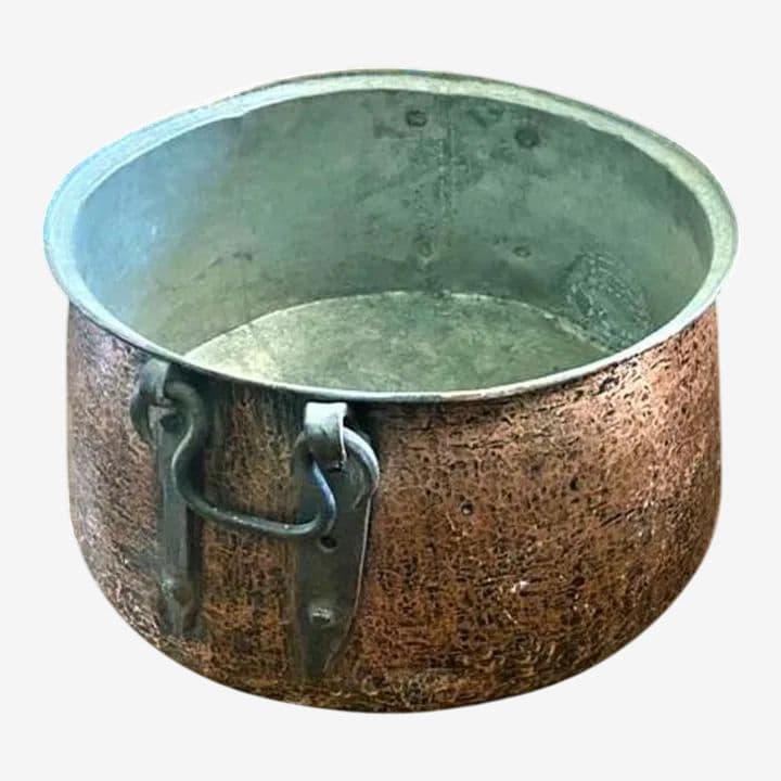 Large Antique Hammered Copper Cauldron With Hand Wrought Iron Handles - Image 1