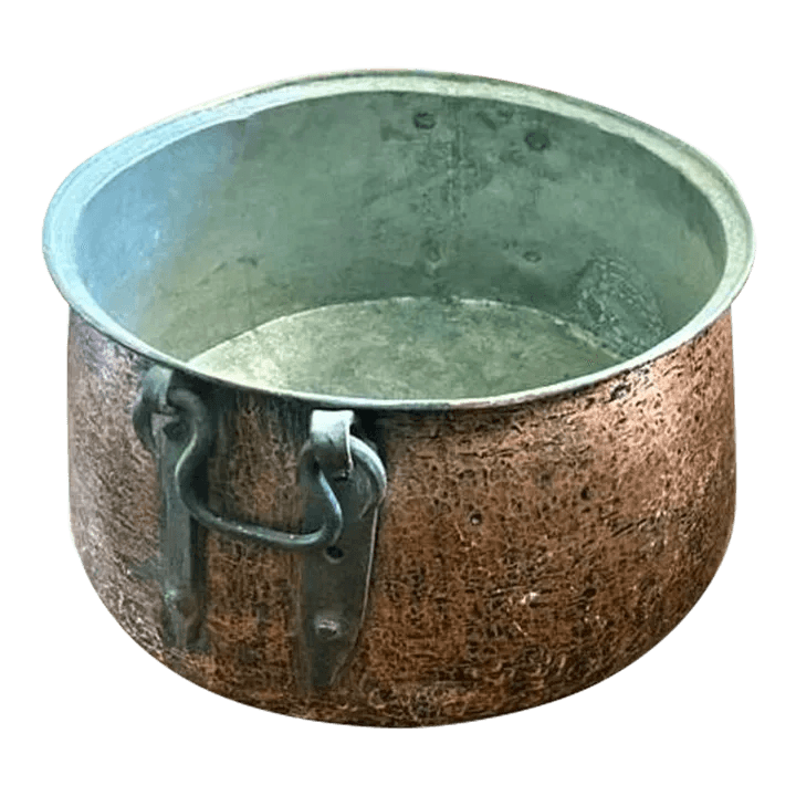 Large Antique Hammered Copper Cauldron With Hand Wrought Iron Handles - Thumbnail 2