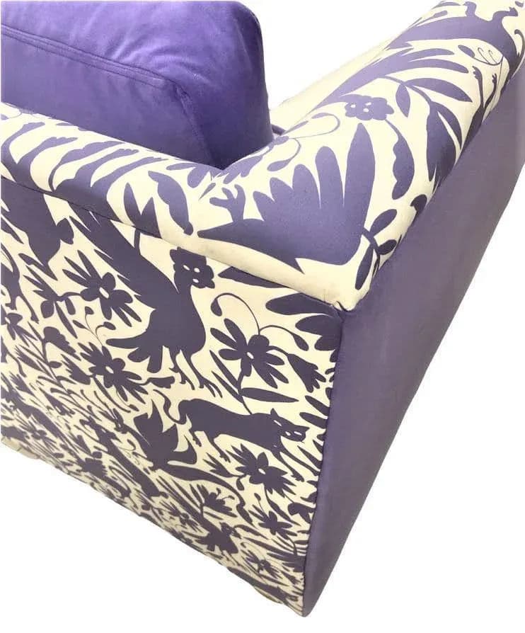 Otomi Print and Velvet Upholstery on Large Mid 20th Century Vintage Hollywood Regency Tuxedo Sofa - Thumbnail 7