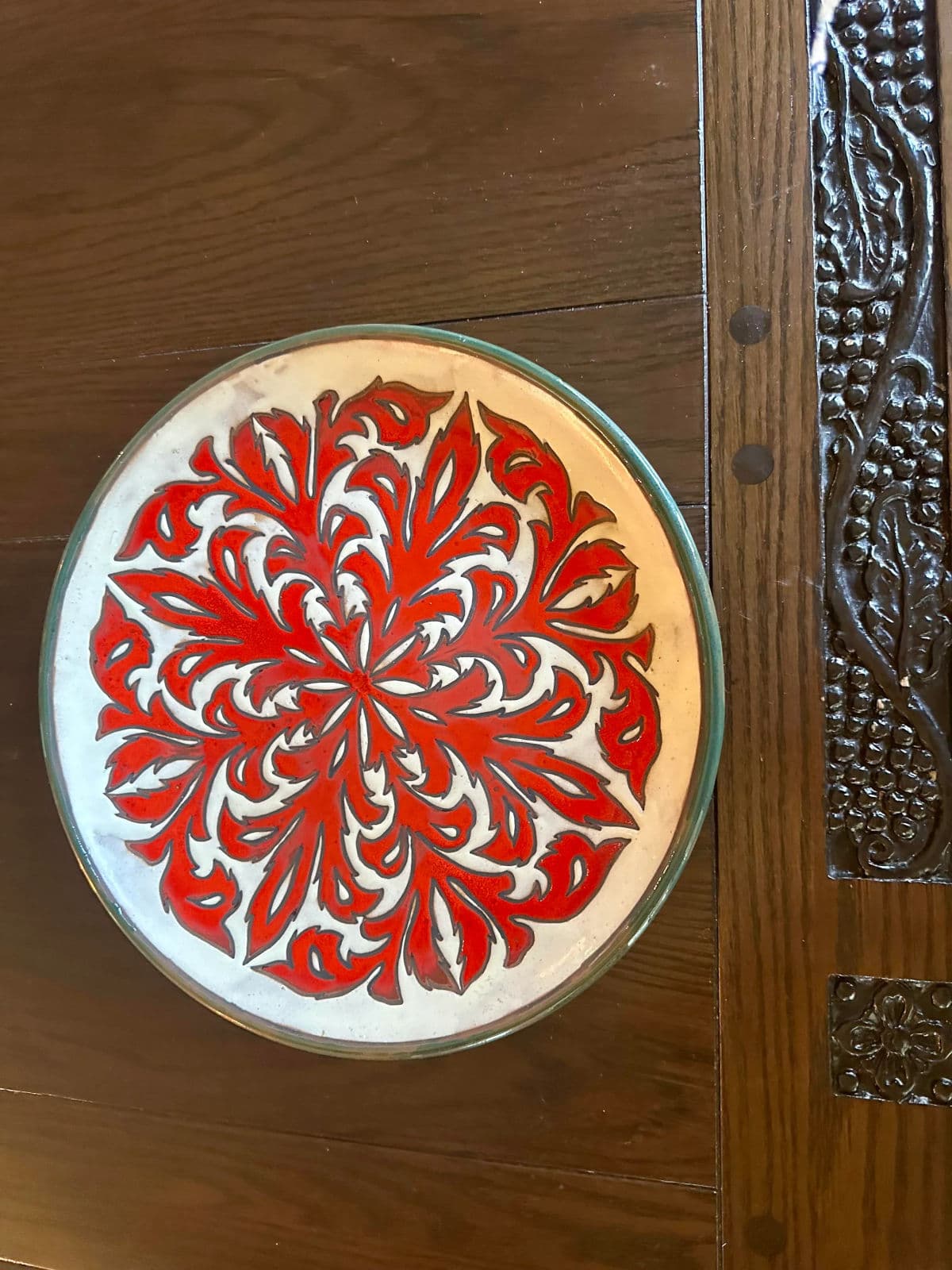 Crimson Acanthus Design Spanish 13.75” Ceramic Plate — Mid 20th Century - Thumbnail 8