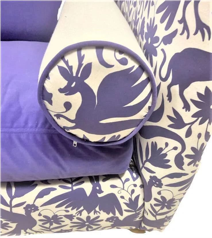 Otomi Print and Velvet Upholstery on Large Mid 20th Century Vintage Hollywood Regency Tuxedo Sofa - Thumbnail 5