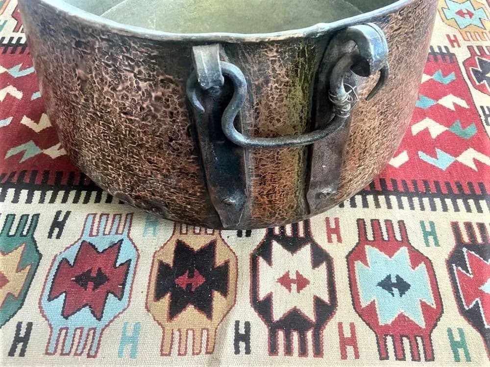 Large Antique Hammered Copper Cauldron With Hand Wrought Iron Handles - Thumbnail 10