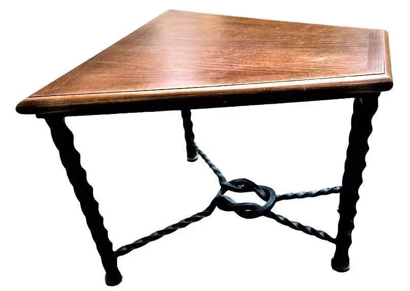 Mid 20th Century Trapezoid Oak and Wrought Iron Side Table - Thumbnail 4