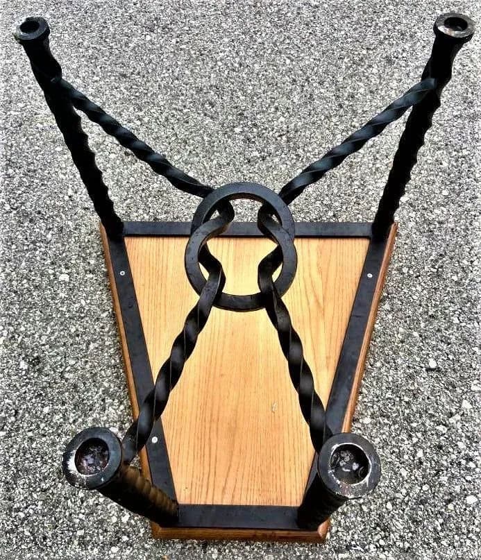 Mid 20th Century Trapezoid Oak and Wrought Iron Side Table - Thumbnail 6