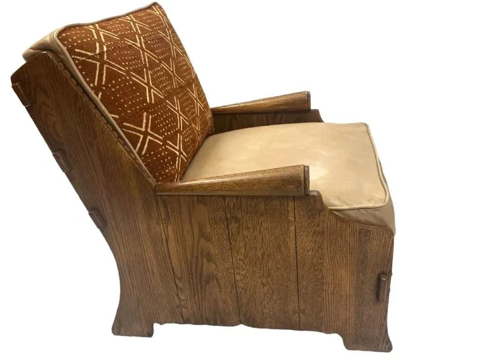 Romweber Viking Oak Sofa With Two Chairs - Upholstered With Artisanal African Textile and Leather - Vintage Mid 20th Century - Thumbnail 4