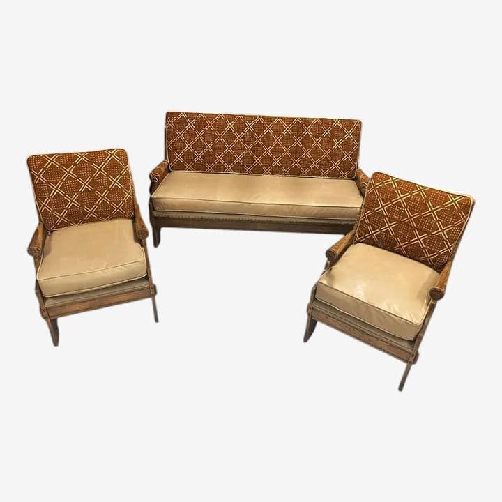 Romweber Viking Oak Sofa With Two Chairs - Upholstered With Artisanal African Textile and Leather - Vintage Mid 20th Century - Image 1
