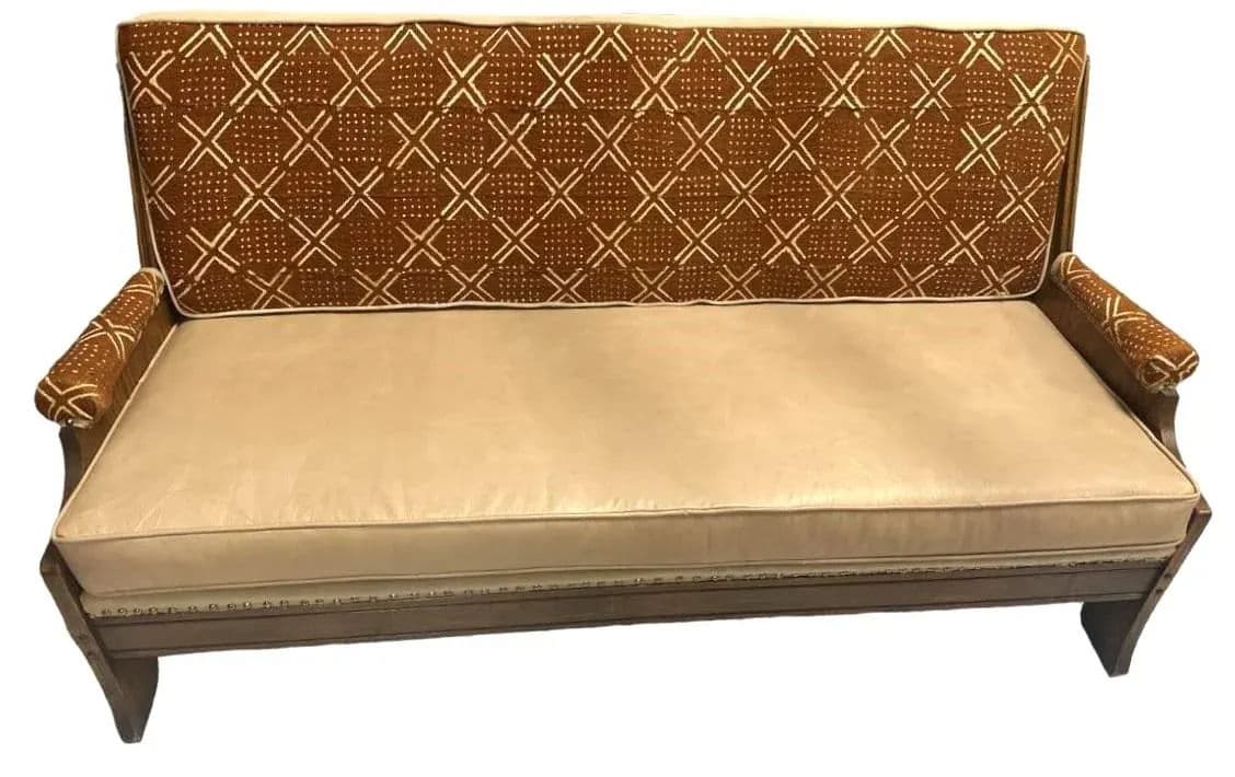 Romweber Viking Oak Sofa With Two Chairs - Upholstered With Artisanal African Textile and Leather - Vintage Mid 20th Century - Thumbnail 3