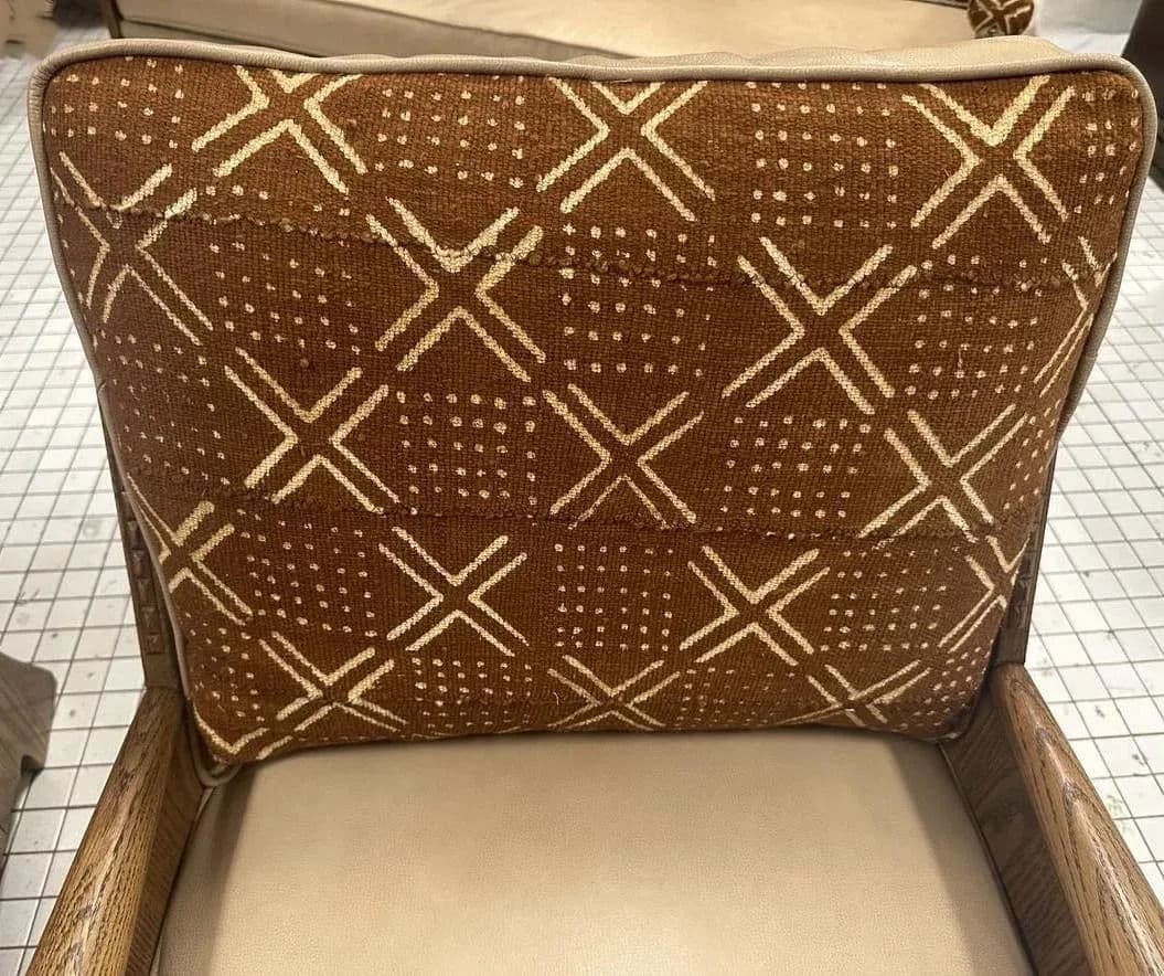 Romweber Viking Oak Sofa With Two Chairs - Upholstered With Artisanal African Textile and Leather - Vintage Mid 20th Century - Thumbnail 6