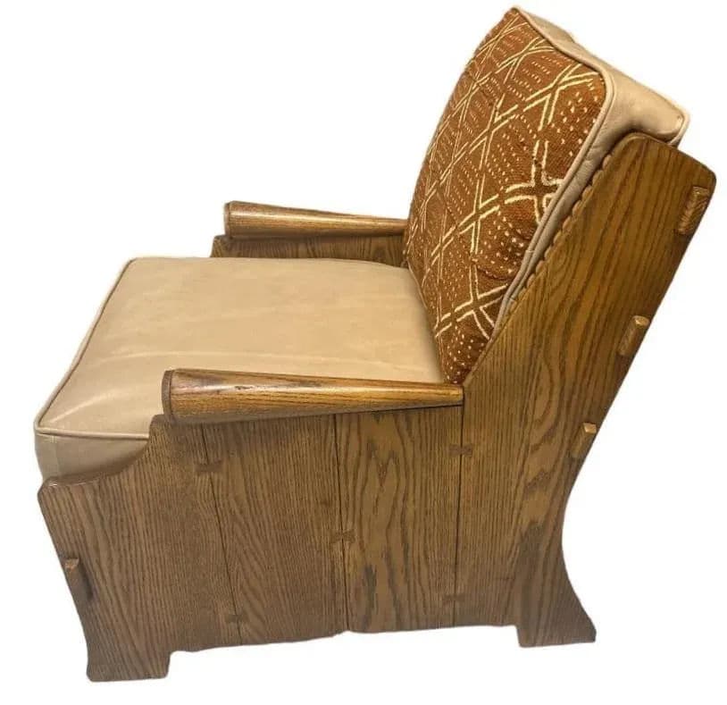 Romweber Viking Oak Sofa With Two Chairs - Upholstered With Artisanal African Textile and Leather - Vintage Mid 20th Century - Thumbnail 10