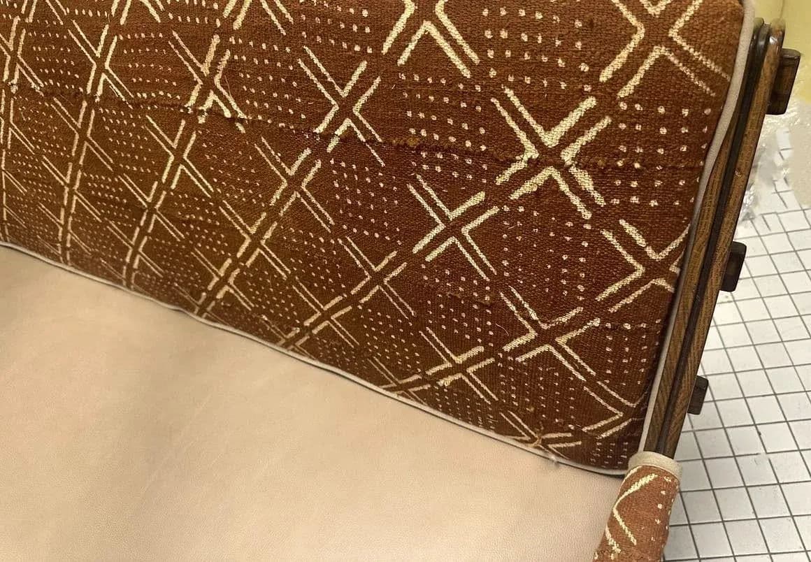 Romweber Viking Oak Sofa With Two Chairs - Upholstered With Artisanal African Textile and Leather - Vintage Mid 20th Century - Thumbnail 11