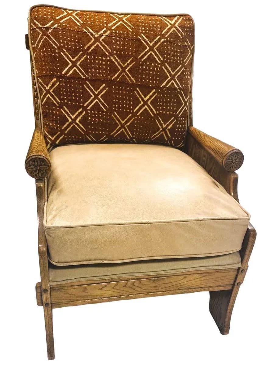 Romweber Viking Oak Sofa With Two Chairs - Upholstered With Artisanal African Textile and Leather - Vintage Mid 20th Century - Thumbnail 7