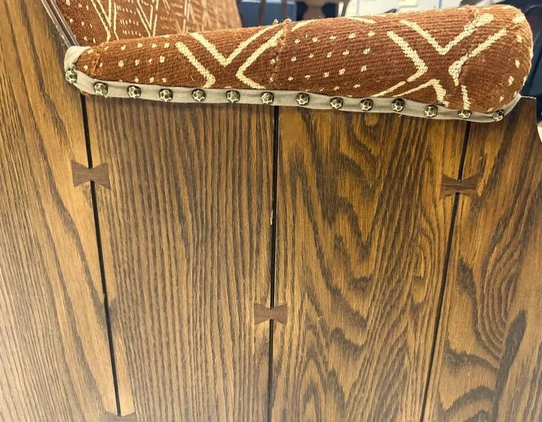 Romweber Viking Oak Sofa With Two Chairs - Upholstered With Artisanal African Textile and Leather - Vintage Mid 20th Century - Thumbnail 13