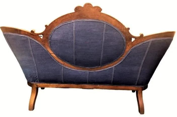 Mid 19th Century Walnut and Burlwood Parlor Medallion Sofa Reupholstered in 'New Wave' Design - Thumbnail 3